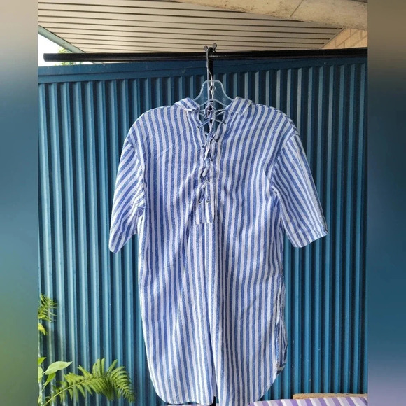 Zara Trafaluc Collection  Blue and White Pin Stripe Linen Long Shirt XS - Picture 4 of 8
